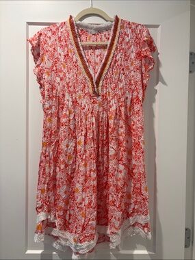 Poupette St. Barth Red-Pink Floral V-Neck Cotton Dress